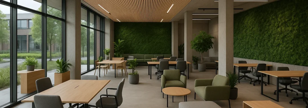 Duurzame coworkingruimte in Nederland met groen interieur, ergonomisch meubilair en slimme technologie.