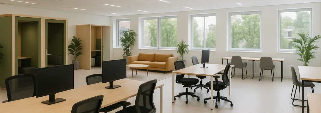 Flexibele coworkingruimte in Nederland met moderne werkplekken, natuurlijke lichtinval en gedeelde voorzieningen.