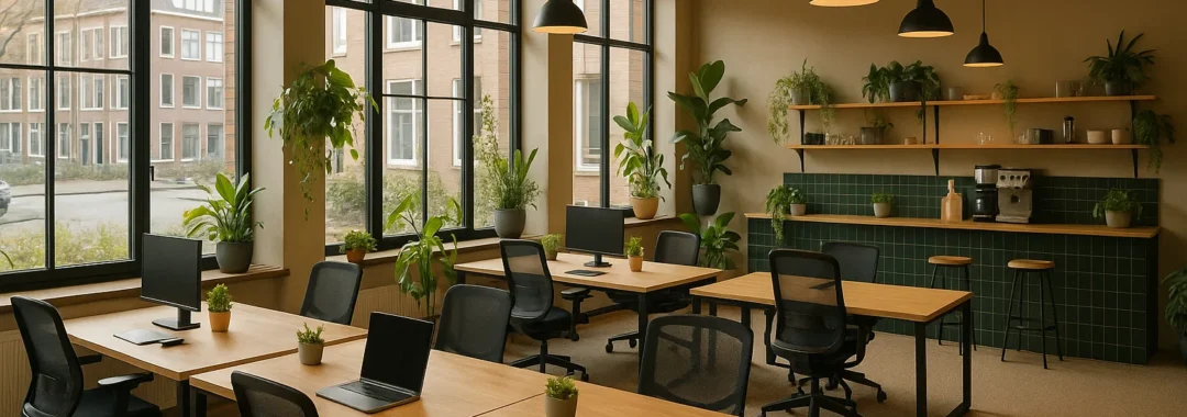 Moderne coworkingruimte in Nederland met gedeelde bureaus, veel daglicht, planten en een koffiehoek — een inspirerende werkplek voor freelancers.