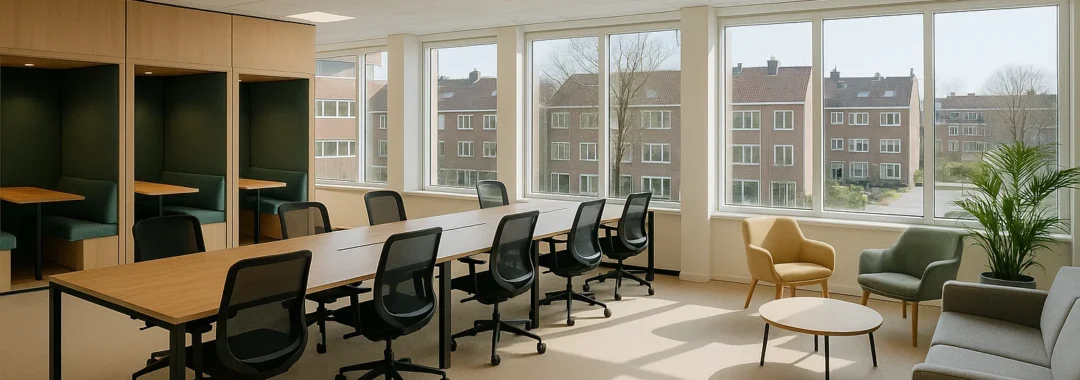 Moderne coworkingruimte in Nederland met gedeelde werkplekken, lichte inrichting en professionele sfeer.