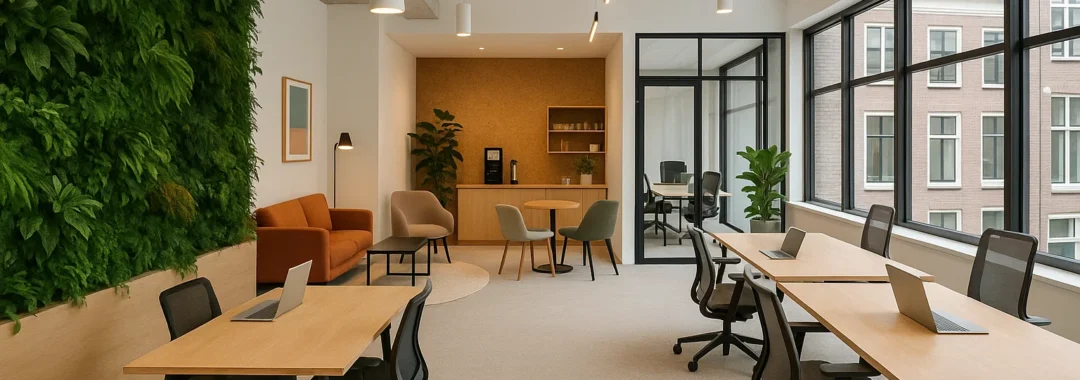 Stijlvolle coworkingruimte in Nederland met modern interieur, groene plantenwand en flexibele werkplekken.
