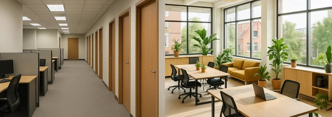Vergelijking tussen een klassiek kantoor met gesloten ruimtes en een coworkingruimte met gedeelde bureaus, koffiehoek en moderne inrichting in Nederland.