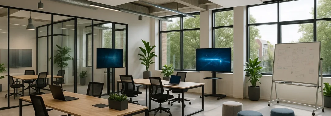 High-tech coworkingruimte in Nederland met moderne werkplekken, brainstormzones en glazen vergaderruimtes.