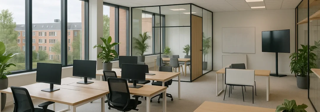 Moderne coworkingruimte in Nederland met flexibele werkplekken en technologiegerichte inrichting voor startups.