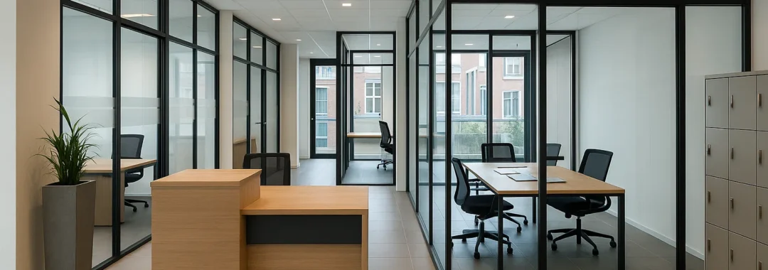 Moderne coworkingruimte in Nederland met receptie, private offices en gedeelde werkplekken, ingericht met vergaderruimtes en administratieve voorzieningen voor juridische zekerheid en zakelijke flexibiliteit.