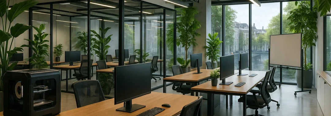 Moderne coworkingruimte in Amsterdam met duurzame inrichting, glazen vergaderruimtes en technologische faciliteiten voor start-ups.