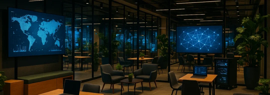 Moderne coworkingruimte in Amsterdam met technologische inrichting en inspirerende sfeer, geschikt voor netwerkevenementen in de tech community.