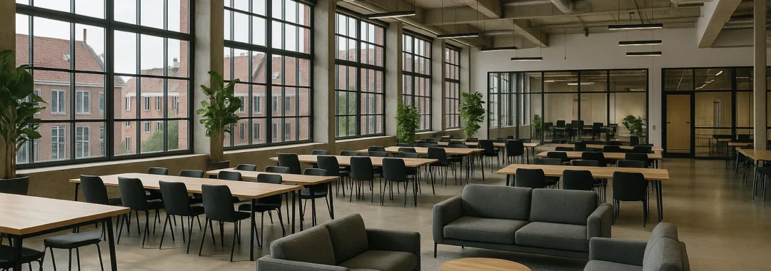 Moderne coworkingruimte met startup-incubator en acceleratorfaciliteiten, inclusief flexplekken, makerspace, vergaderruimtes en open zones voor samenwerking en innovatie.