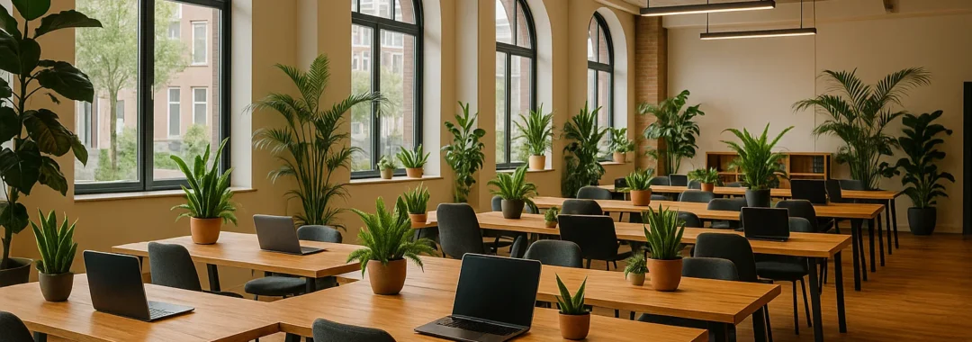 Lichte coworkingruimte met open werkplekken en groene accenten die samenwerking tussen startups uitstralen.