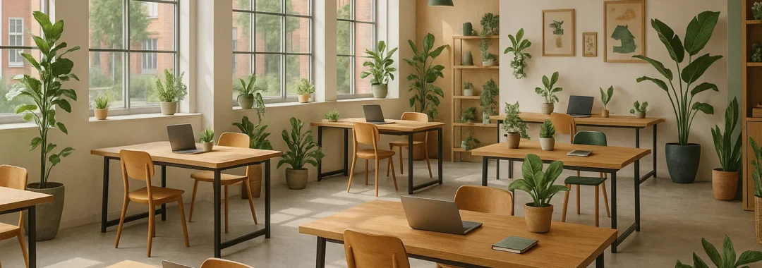 Lichte en moderne coworkingruimte met houten meubels en groene accenten in een inspirerende werkomgeving.