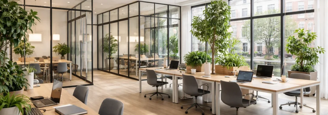 Moderne coworkingruimte met gedeelde werkplekken en vergaderruimtes in een regionale stad.