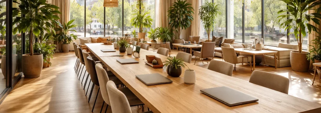 Coworkingruimte met lange houten tafel en warme daglichtinval.