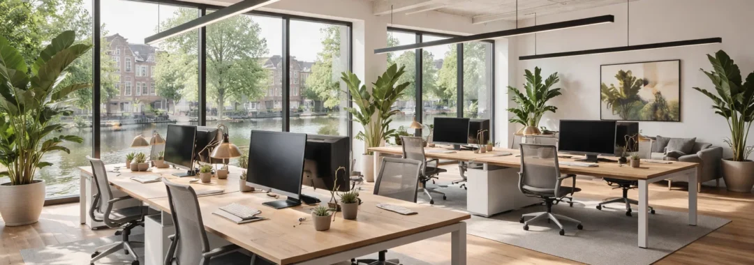 Moderne coworkingruimte met veel daglicht en strakke werkplekken.